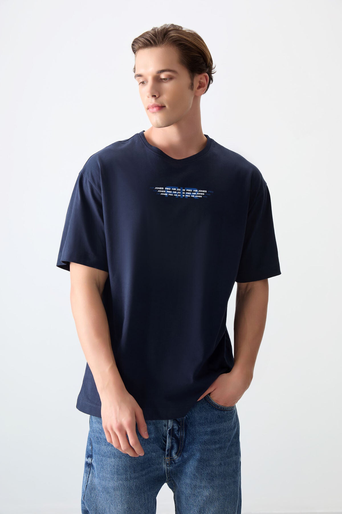 Navy Blue 100% Cotton Thick Soft Textured Oversize Fit Printed Men's T-Shirt - 88356