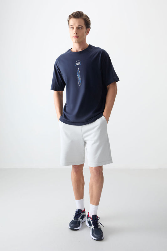 Navy Blue 100% Cotton Thick Soft Textured Oversize Fit Printed Men's T-Shirt - 88355