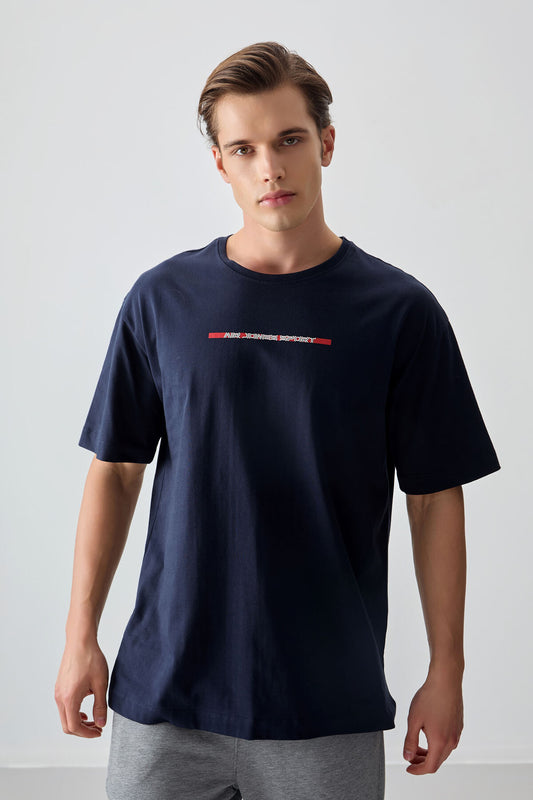 Navy Blue 100% Cotton Thick Soft Textured Oversize Fit Printed Men's T-Shirt - 88358