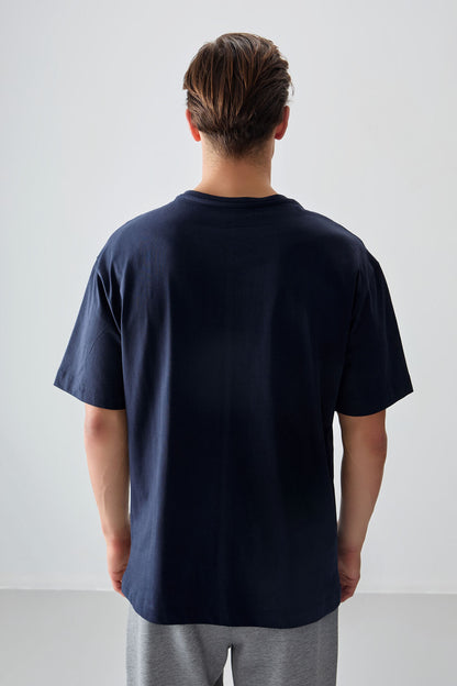 Navy Blue 100% Cotton Thick Soft Textured Oversize Fit Printed Men's T-Shirt - 88358