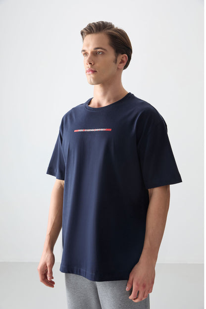 Navy Blue 100% Cotton Thick Soft Textured Oversize Fit Printed Men's T-Shirt - 88358