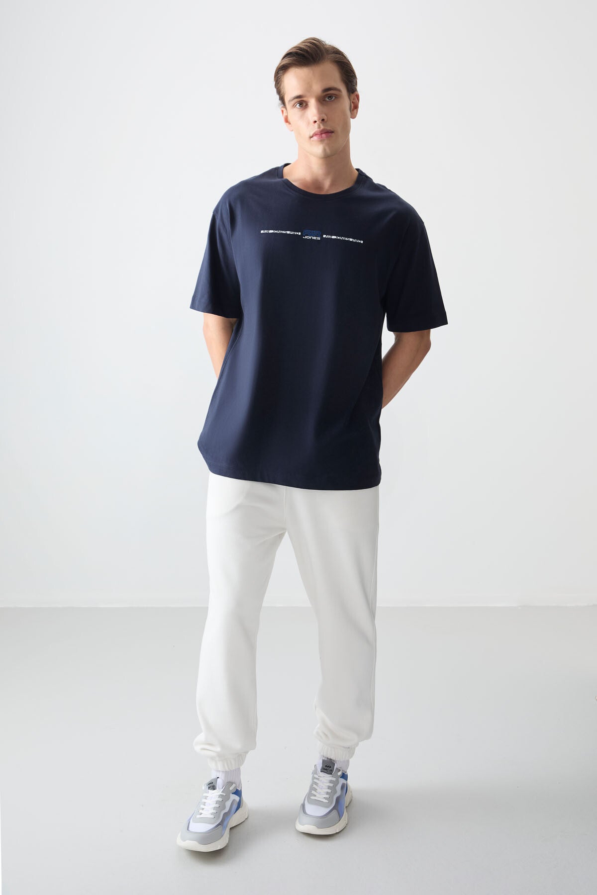 Navy Blue 100% Cotton Thick Soft Textured Oversize Fit Printed Men's T-Shirt - 88357