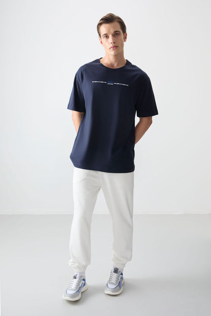 Navy Blue 100% Cotton Thick Soft Textured Oversize Fit Printed Men's T-Shirt - 88357