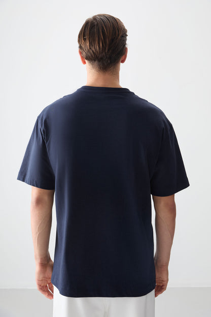 Navy Blue 100% Cotton Thick Soft Textured Oversize Fit Printed Men's T-Shirt - 88357