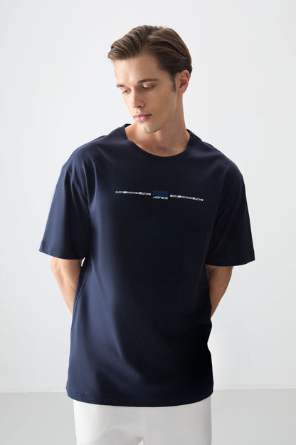 Navy Blue 100% Cotton Thick Soft Textured Oversize Fit Printed Men's T-Shirt - 88357