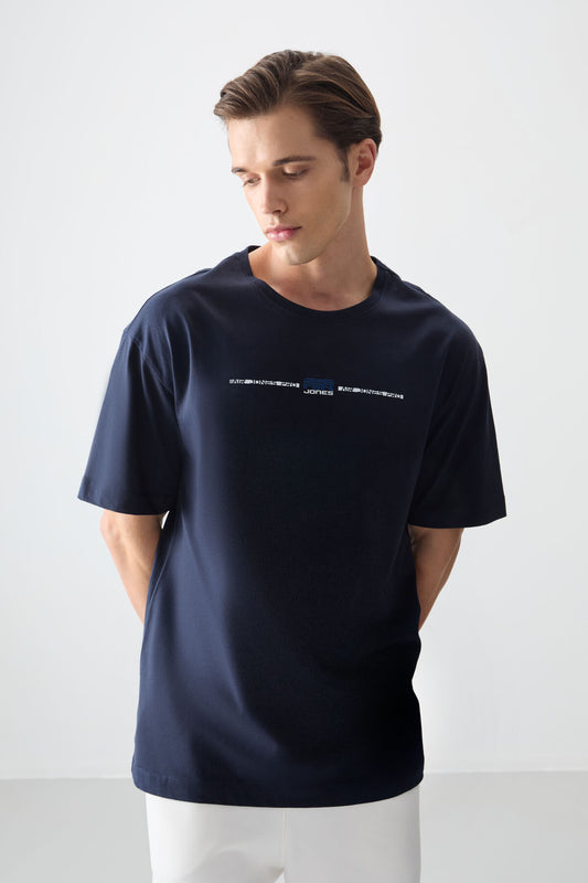 Navy Blue 100% Cotton Thick Soft Textured Oversize Fit Printed Men's T-Shirt - 88357