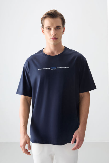 Navy Blue 100% Cotton Thick Soft Textured Oversize Fit Printed Men's T-Shirt - 88357