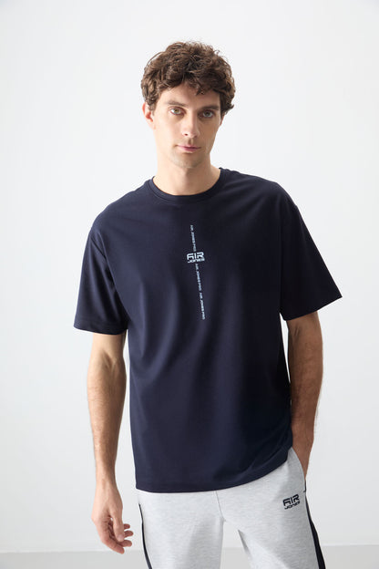 Navy Blue Cotton Thick Soft Textured Oversize Fit Printed Men's T-Shirt - 88373