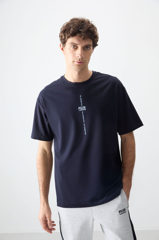 Navy Blue Cotton Thick Soft Textured Oversize Fit Printed Men's T-Shirt - 88373