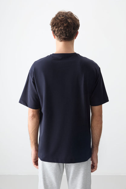 Navy Blue Cotton Thick Soft Textured Oversize Fit Printed Men's T-Shirt - 88373