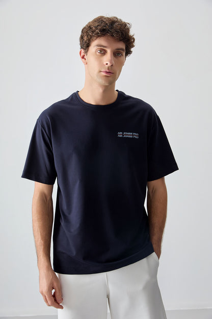 Navy Blue Cotton Thick Soft Textured Oversize Fit Printed Men's T-Shirt - 88375