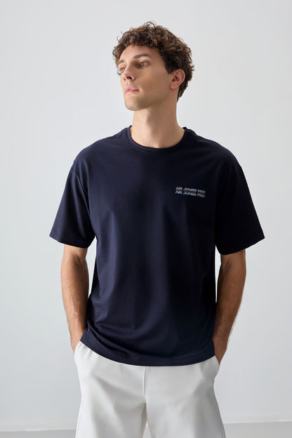 Navy Blue Cotton Thick Soft Textured Oversize Fit Printed Men's T-Shirt - 88375