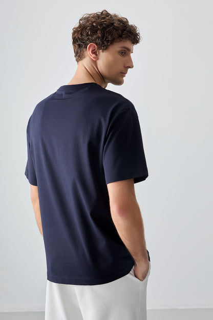 Navy Blue Cotton Thick Soft Textured Oversize Fit Printed Men's T-Shirt - 88375