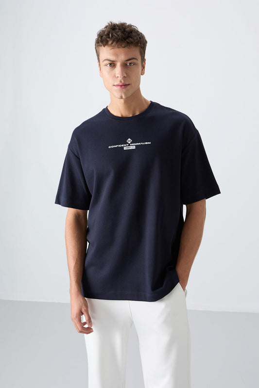 Navy Blue Cotton Thick Soft Textured Oversize Fit Printed Men's T-Shirt - 88321