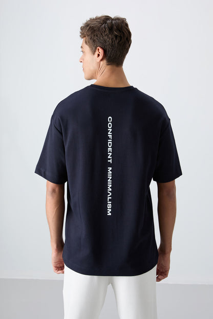 Navy Blue Cotton Thick Soft Textured Oversize Fit Printed Men's T-Shirt - 88321