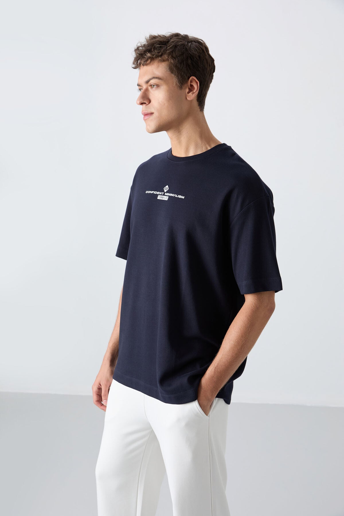 Navy Blue Cotton Thick Soft Textured Oversize Fit Printed Men's T-Shirt - 88321