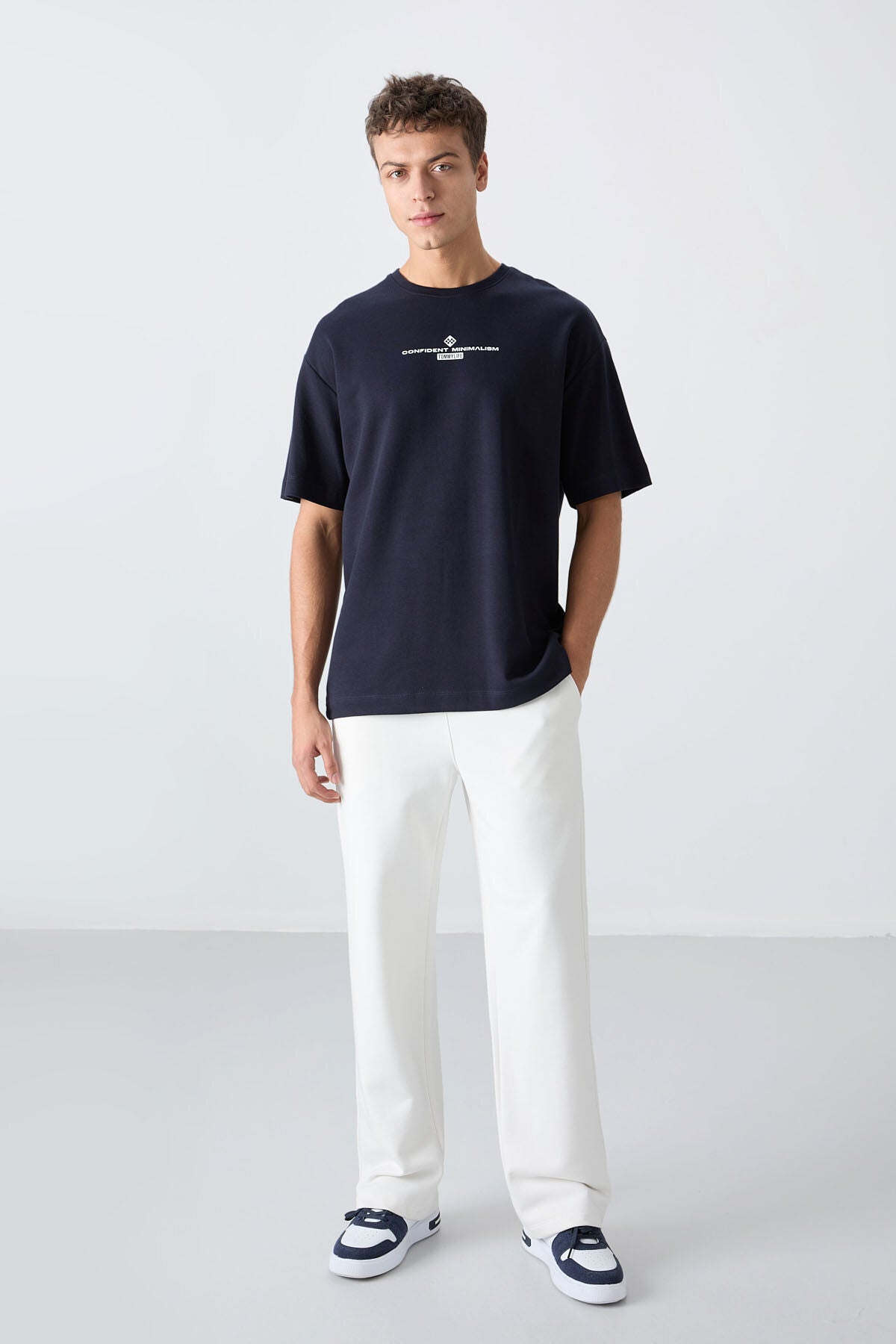 Navy Blue Cotton Thick Soft Textured Oversize Fit Printed Men's T-Shirt - 88321