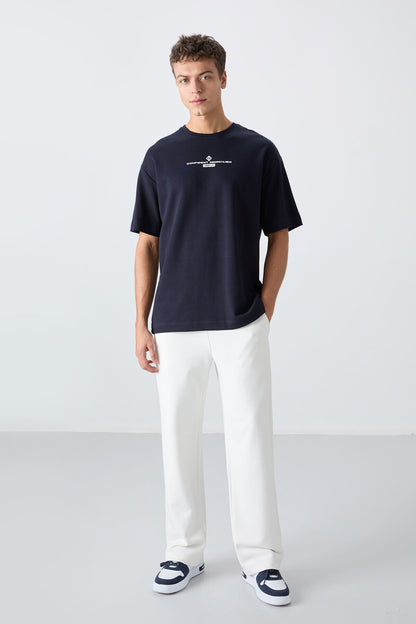 Navy Blue Cotton Thick Soft Textured Oversize Fit Printed Men's T-Shirt - 88321