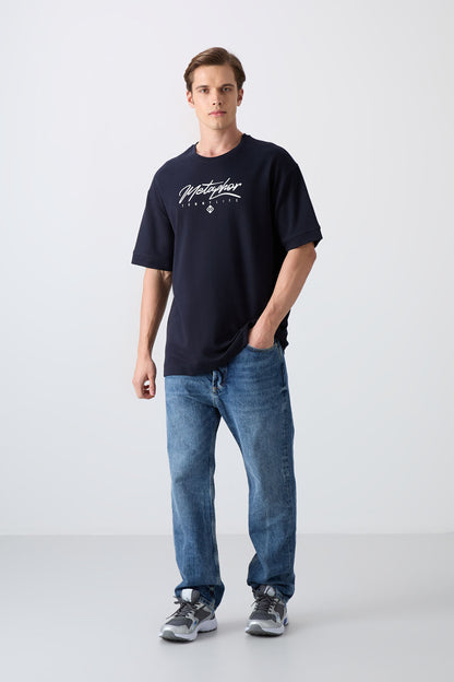 Navy Blue Cotton Thick Soft Textured Oversize Fit Printed Men's T-Shirt - 88320