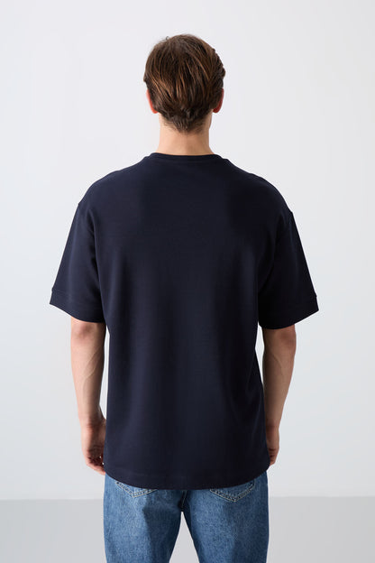 Navy Blue Cotton Thick Soft Textured Oversize Fit Printed Men's T-Shirt - 88320