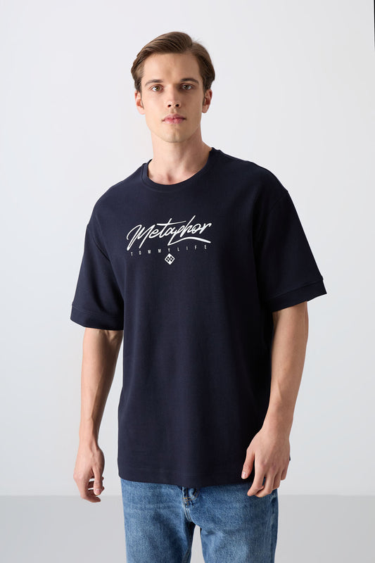 Navy Blue Cotton Thick Soft Textured Oversize Fit Printed Men's T-Shirt - 88320