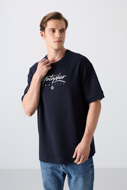 Navy Blue Cotton Thick Soft Textured Oversize Fit Printed Men's T-Shirt - 88320