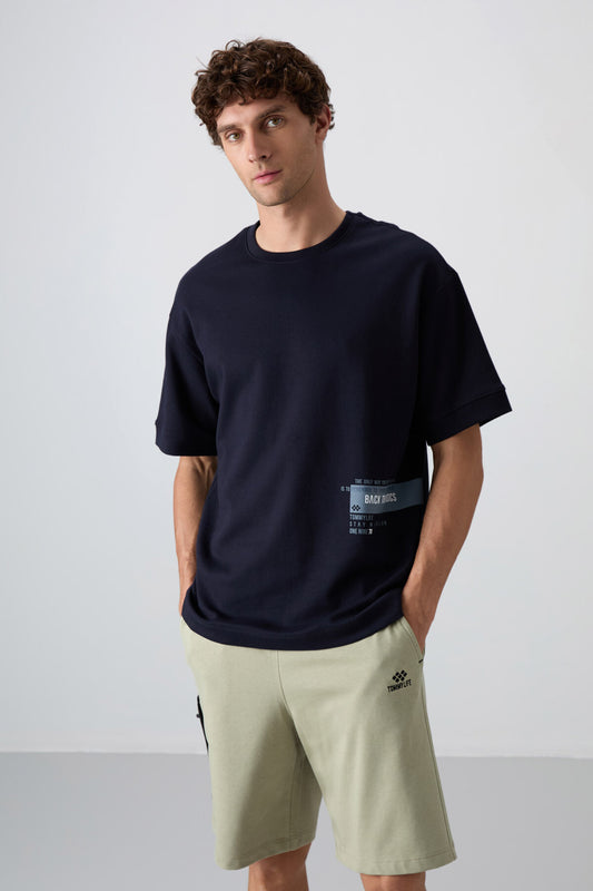 Navy Blue Cotton Thick Soft Textured Oversize Fit Printed Men's T-Shirt - 88322
