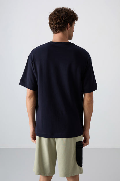 Navy Blue Cotton Thick Soft Textured Oversize Fit Printed Men's T-Shirt - 88322