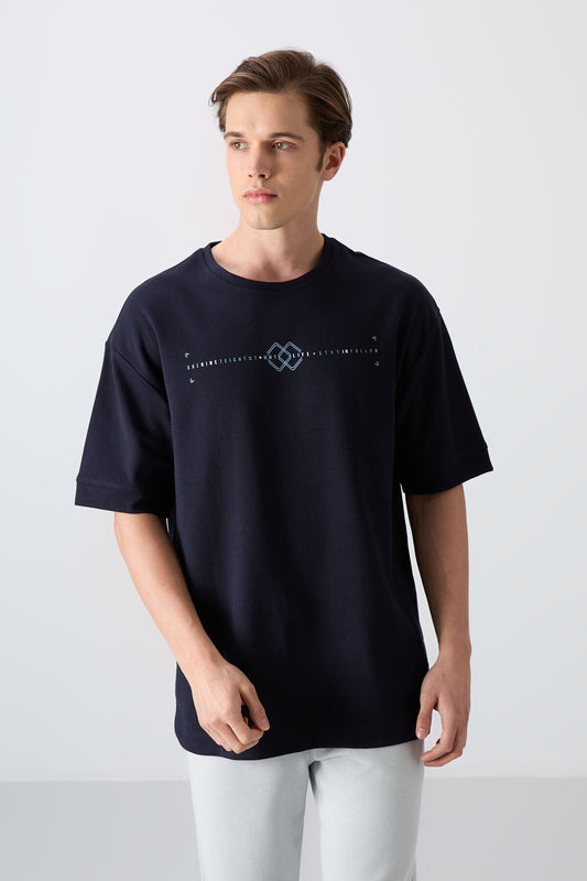 Navy Blue Cotton Thick Soft Textured Oversize Fit Printed Men's T-Shirt - 88323