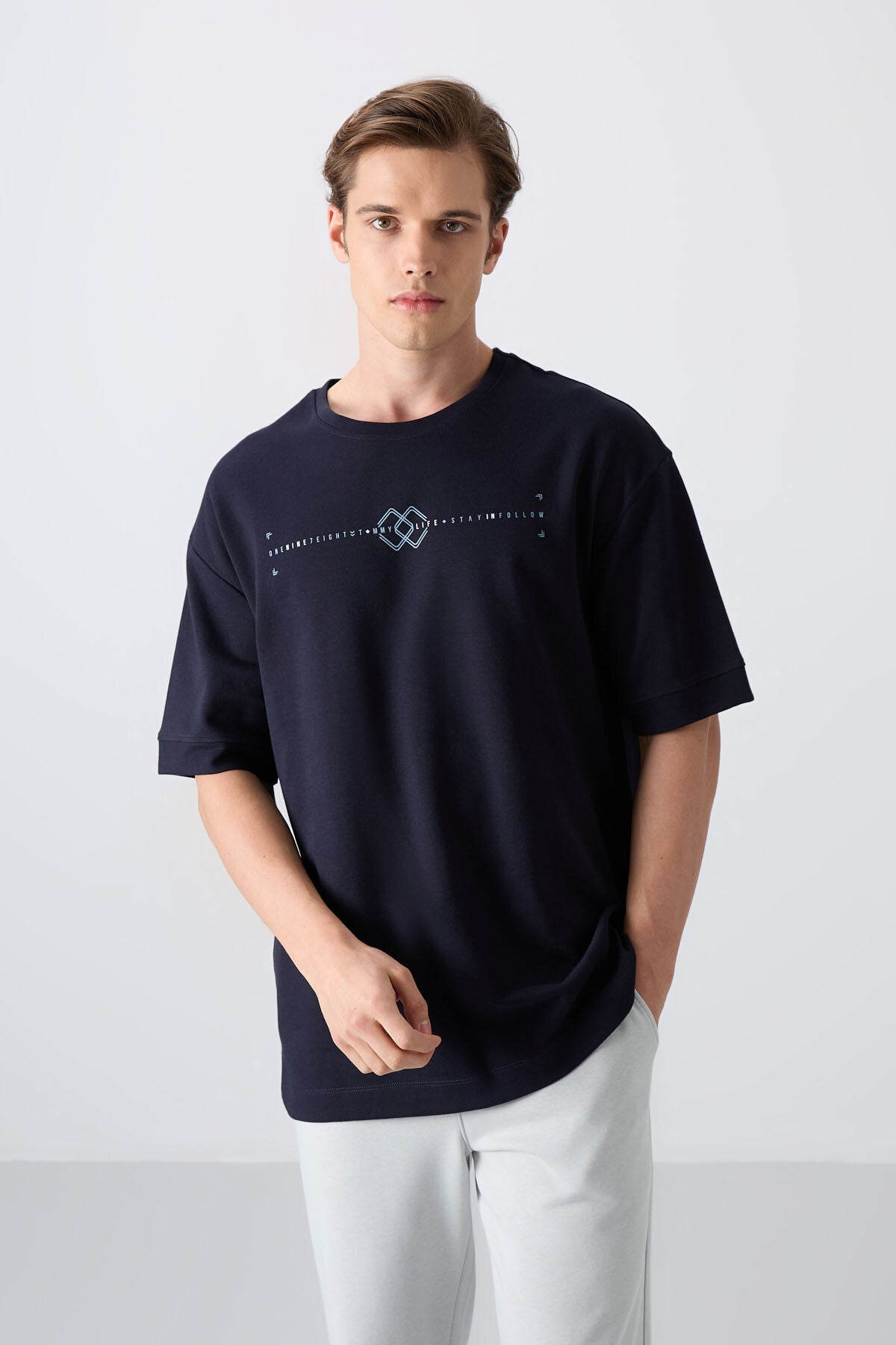 Navy Blue Cotton Thick Soft Textured Oversize Fit Printed Men's T-Shirt - 88323