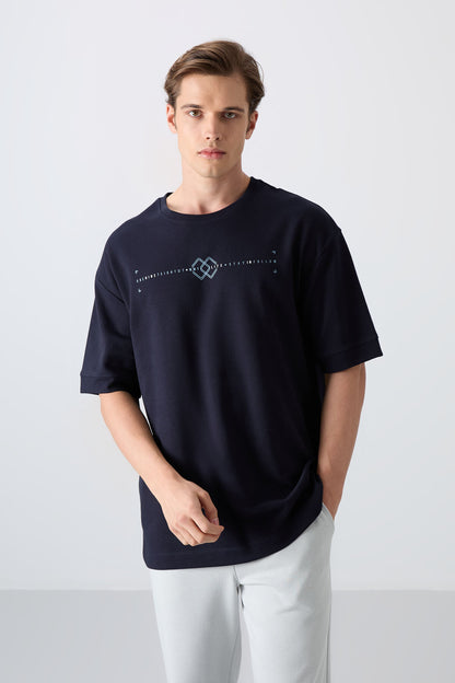 Navy Blue Cotton Thick Soft Textured Oversize Fit Printed Men's T-Shirt - 88323