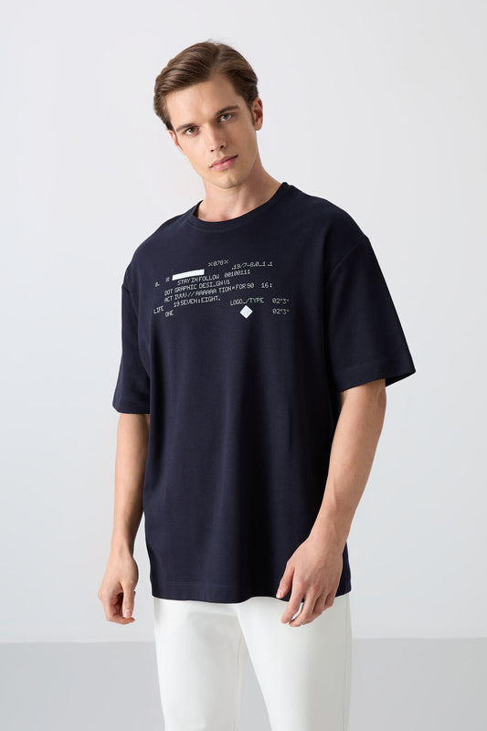 Navy Blue Cotton Thick Soft Textured Oversize Fit Printed Men's T-Shirt - 88326