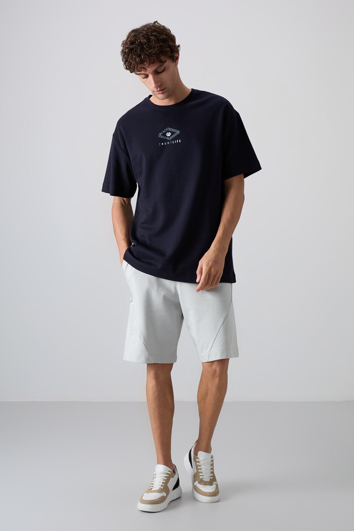 Navy Blue Cotton Thick Soft Textured Oversize Fit Printed Men's T-Shirt - 88325