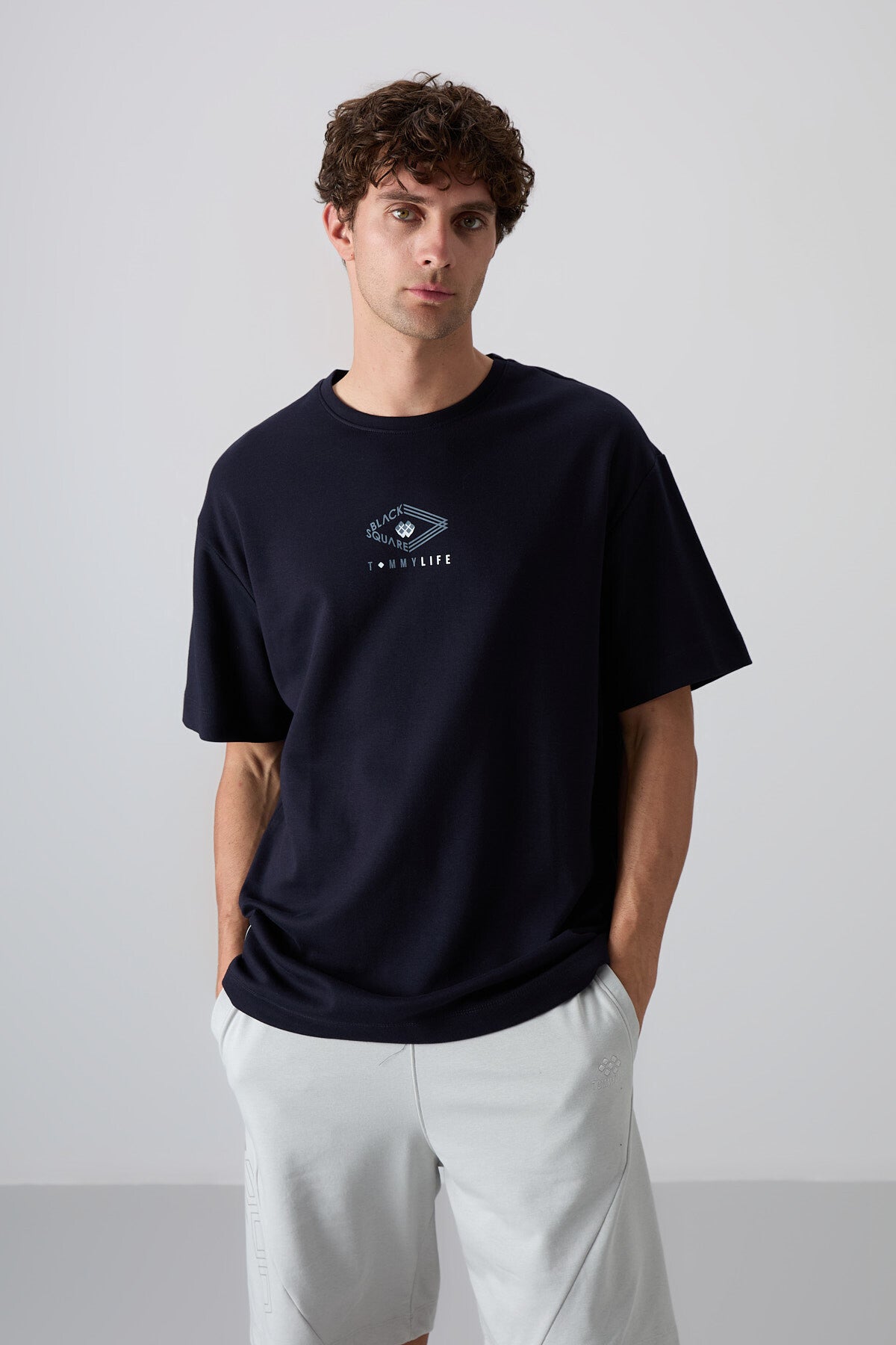 Navy Blue Cotton Thick Soft Textured Oversize Fit Printed Men's T-Shirt - 88325