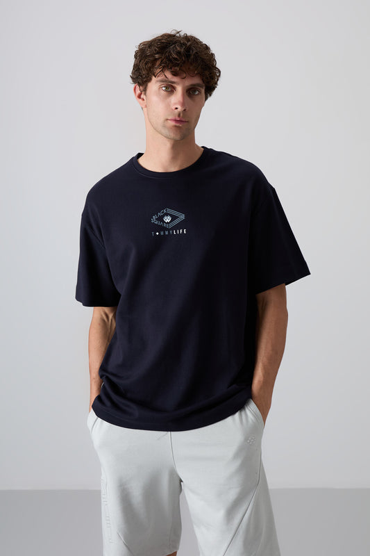 Navy Blue Cotton Thick Soft Textured Oversize Fit Printed Men's T-Shirt - 88325