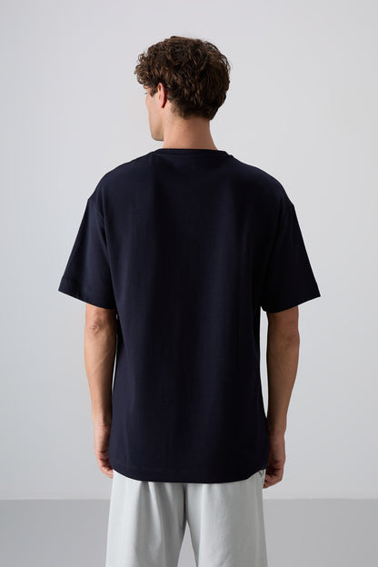 Navy Blue Cotton Thick Soft Textured Oversize Fit Printed Men's T-Shirt - 88325