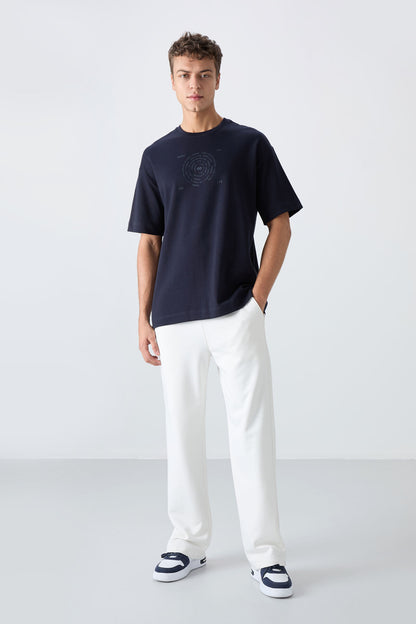 Navy Blue Cotton Thick Soft Textured Oversize Fit Printed Men's T-Shirt - 88324