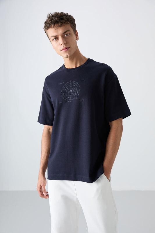 Navy Blue Cotton Thick Soft Textured Oversize Fit Printed Men's T-Shirt - 88324