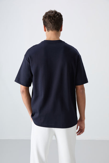 Navy Blue Cotton Thick Soft Textured Oversize Fit Printed Men's T-Shirt - 88324