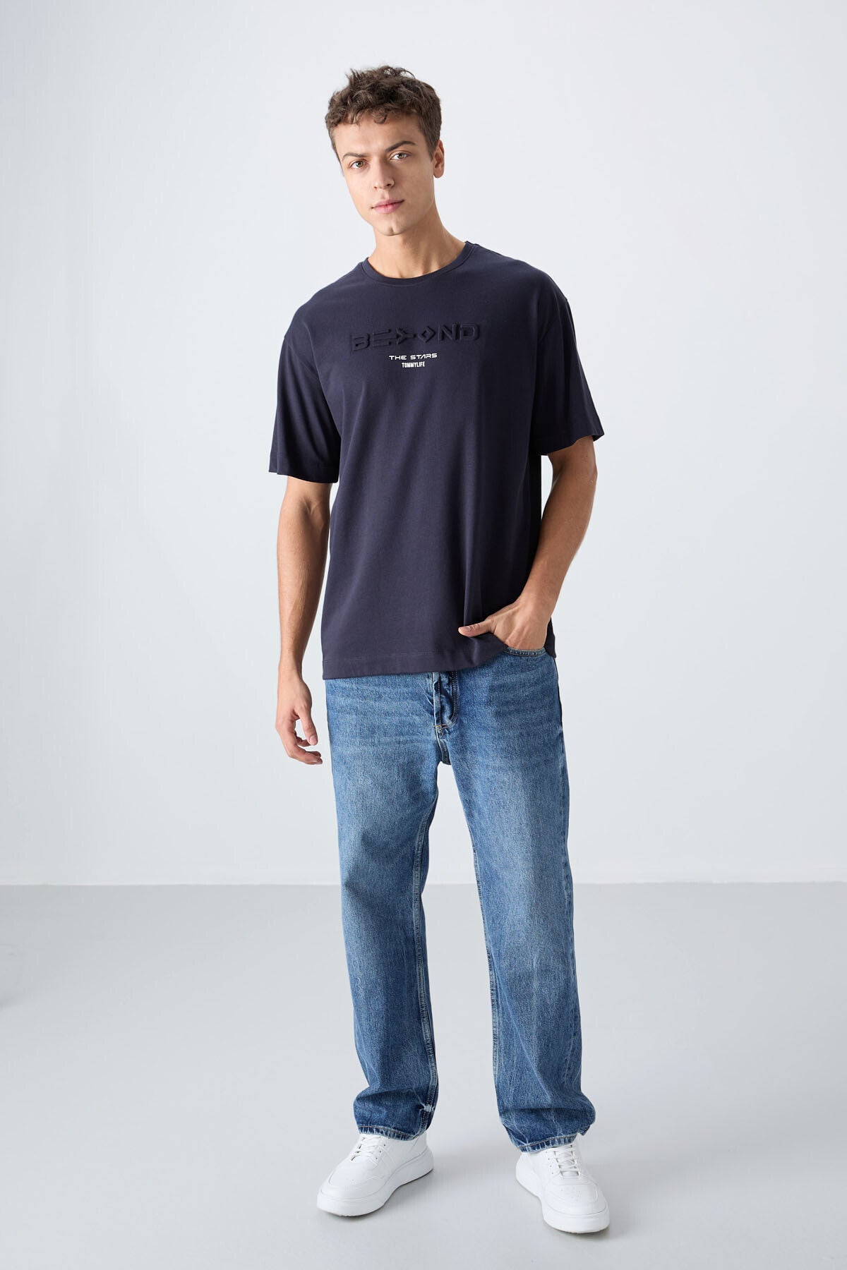 Navy Blue Cotton Thick Soft Textured Oversize Fit Printed Men's T-Shirt - 88328