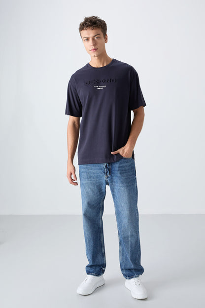Navy Blue Cotton Thick Soft Textured Oversize Fit Printed Men's T-Shirt - 88328
