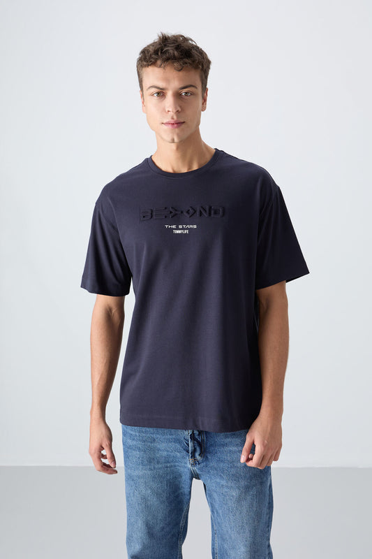 Navy Blue Cotton Thick Soft Textured Oversize Fit Printed Men's T-Shirt - 88328