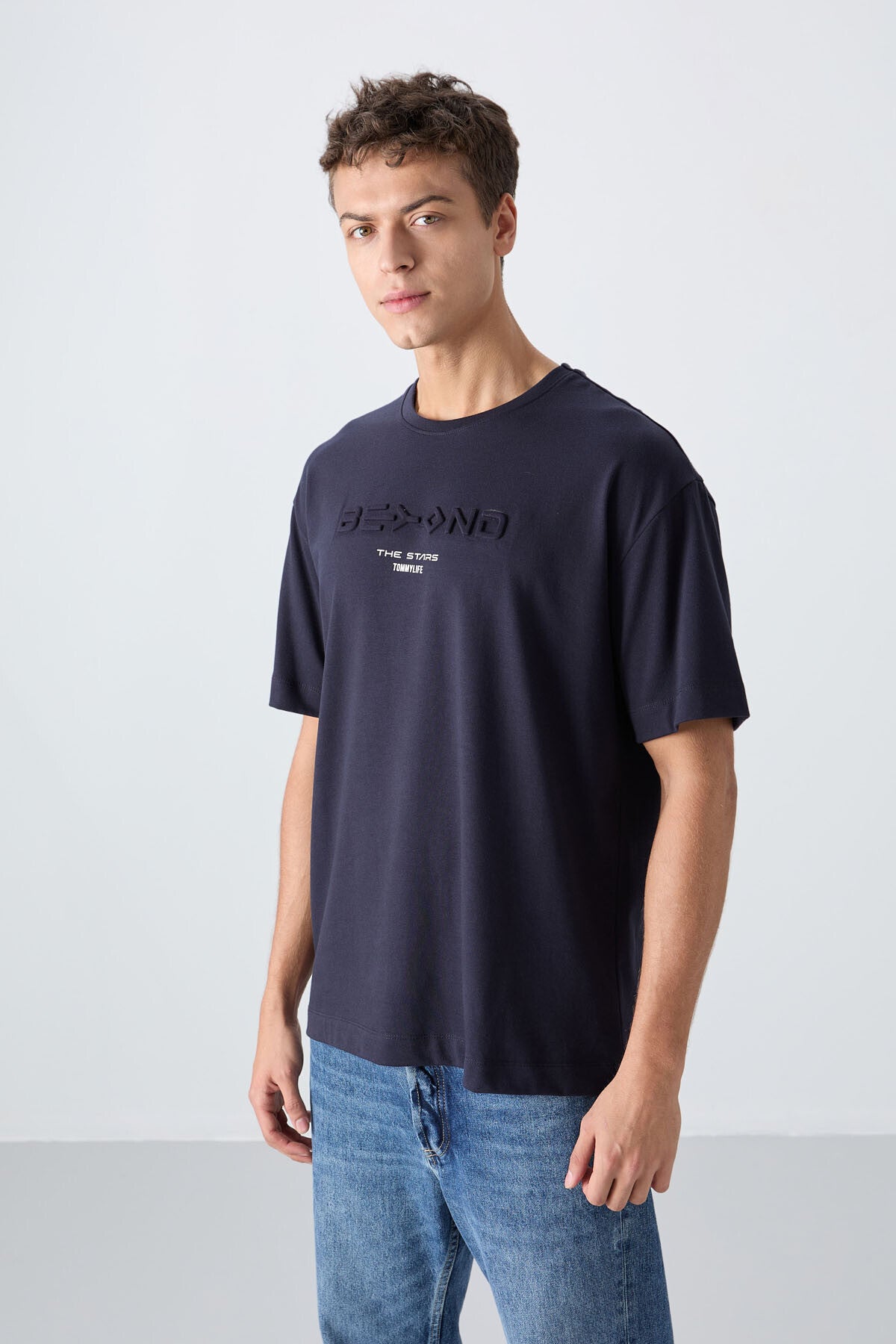 Navy Blue Cotton Thick Soft Textured Oversize Fit Printed Men's T-Shirt - 88328