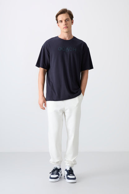 Navy Blue Cotton Thick Soft Textured Oversize Fit Printed Men's T-Shirt - 88329