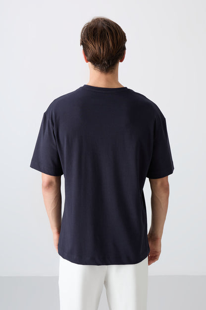 Navy Blue Cotton Thick Soft Textured Oversize Fit Printed Men's T-Shirt - 88329