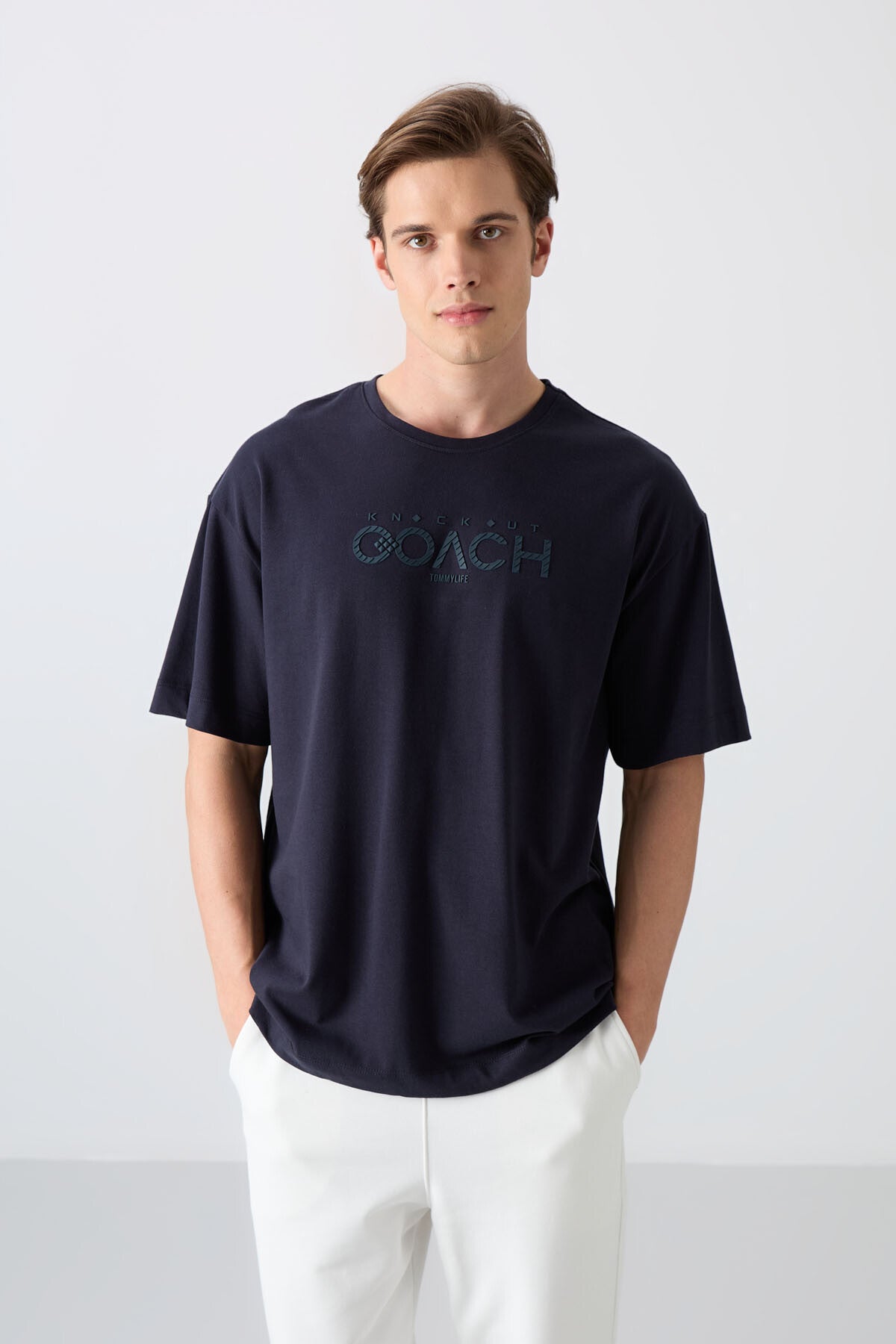 Navy Blue Cotton Thick Soft Textured Oversize Fit Printed Men's T-Shirt - 88329