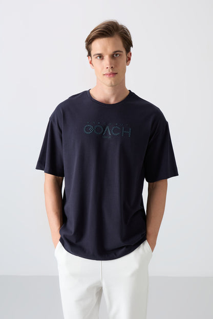 Navy Blue Cotton Thick Soft Textured Oversize Fit Printed Men's T-Shirt - 88329