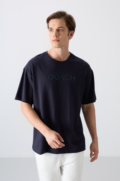 Navy Blue Cotton Thick Soft Textured Oversize Fit Printed Men's T-Shirt - 88329