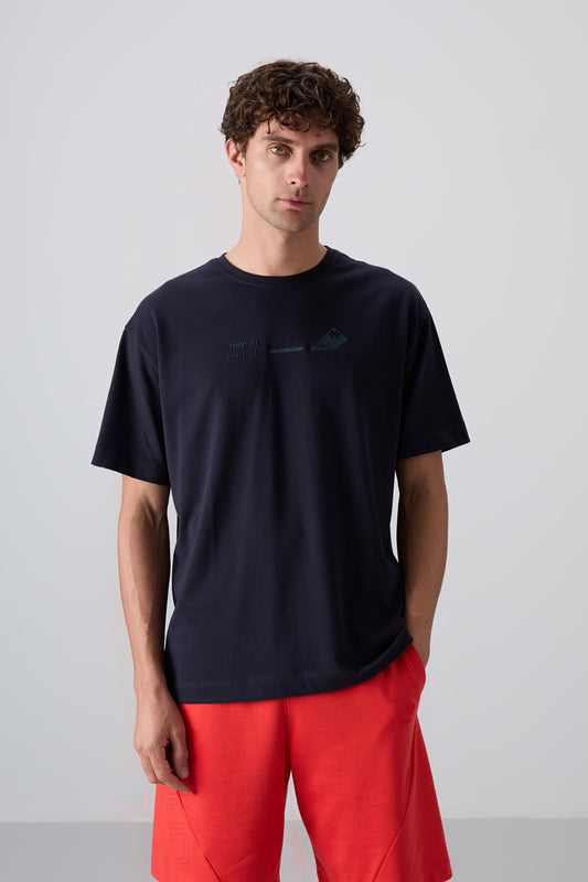 Navy Blue Cotton Thick Soft Textured Oversize Fit Printed Men's T-Shirt - 88330