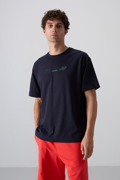 Navy Blue Cotton Thick Soft Textured Oversize Fit Printed Men's T-Shirt - 88330